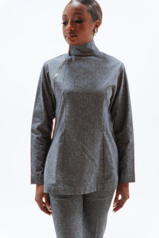 Asymmetrical zipped linen high-neck