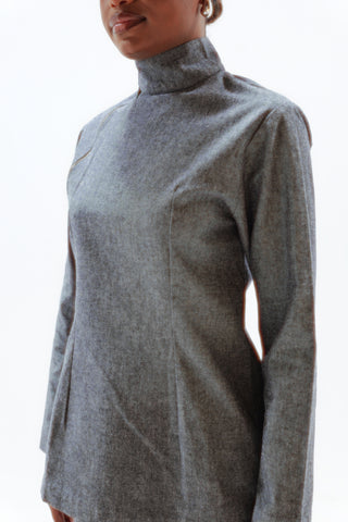 Asymmetrical zipped linen high-neck