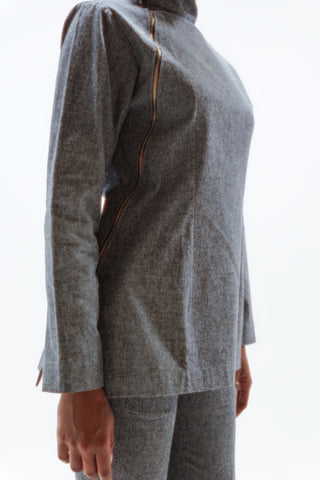 Asymmetrical zipped linen high-neck