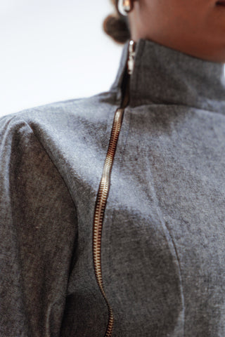 Asymmetrical zipped linen high-neck